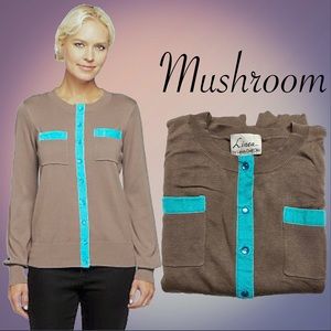 Crew Neck Velvet Trim Cardigan, NEW 2X Mushroom